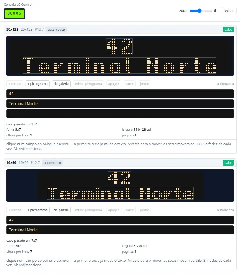 Captura de ecrã do NSS Editor: consola LC-Control com pré-visualização de três indicadores (20×128, 16×96 e 16×32) mostrando o destino de exemplo «42 / Terminal Norte».
